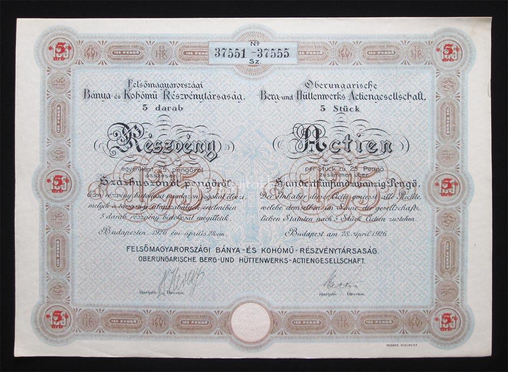 Felsmagyarorszgi Bnya- s Kohm Rt. 5x25 peng 1926